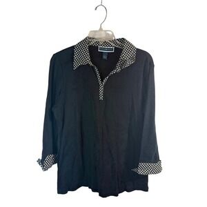 Karen Scott Black Polka Dot‎ Collar Cuff 3/4 Sleeve Polo Shirt Women Large